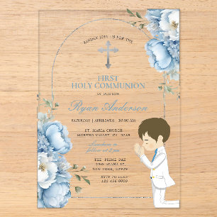 Invitations En Acrylique Garçon priant pour la Première Sainte Communion Fl