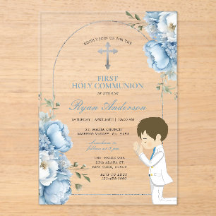 Invitations En Acrylique Garçon priant première communion Sainte Dusty bleu