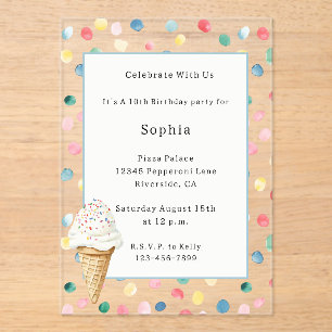 Invitations En Acrylique Gâteau D'anniversaire Cône De Glace Confetti Color