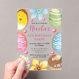 Invitations En Acrylique Gâteau d'anniversaire de Pâques à l'aquarelle 5 an