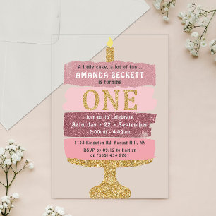 Invitations En Acrylique Gâteau Pailleté Rose & Or 1er Anniversaire