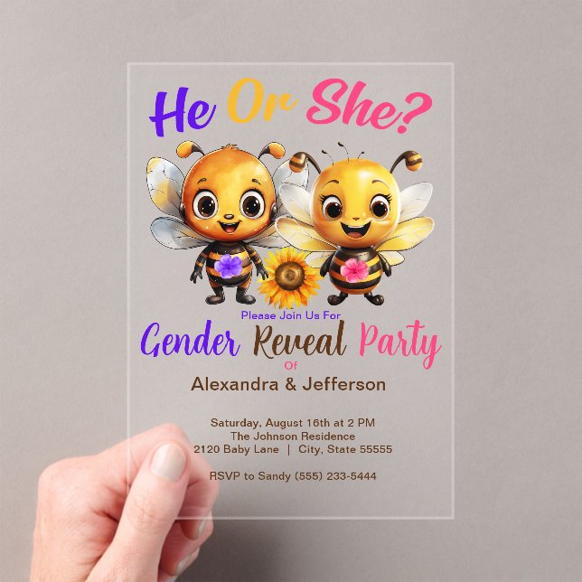 Invitations En Acrylique Gender Reveal Party He or She Baby Bee Shower (In situ (ordinateur de poche))