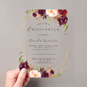 Invitations En Acrylique Géo Clair Acrylique Quinceanera Florale Bordeaux