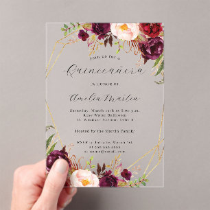 Invitations En Acrylique Geo Clear Acrylique Bourgogne Floral Quinceanera