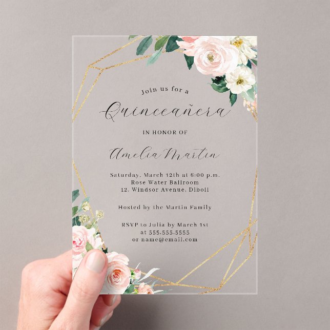 Invitations En Acrylique Geo Clear Acrylique Floral Quinceanera (In situ (ordinateur de poche))