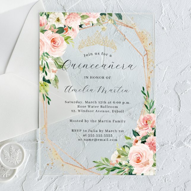 Invitations En Acrylique Geo rose Floral clair acrylique Floral Quinceanera (Créateur téléchargé)