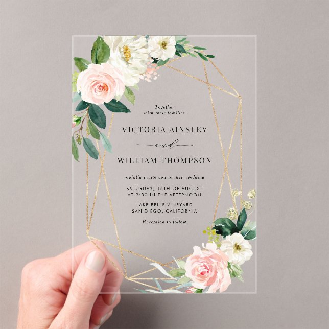 Invitations En Acrylique Geometric Watercolor Spring Blooms Wedding  (In situ (ordinateur de poche))
