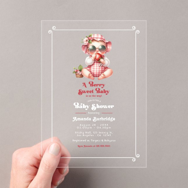 Invitations En Acrylique Gingham et Fraise, Douce Baby Shower (In situ (ordinateur de poche))