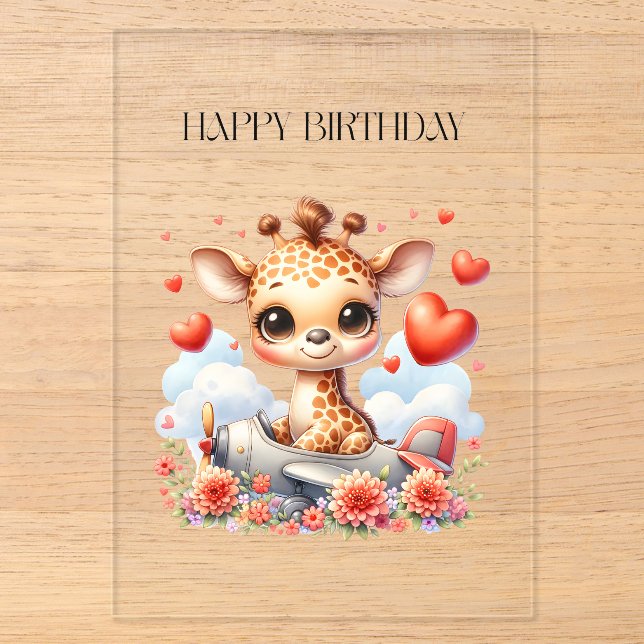 Invitations En Acrylique Girafe Avion Anniversaire (Recto)