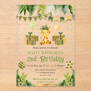 Invitations En Acrylique Girafe de la Jungle à l'aquarelle pour l'anniversa