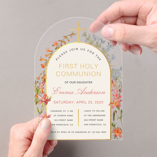 Invitations En Acrylique Girl First Communion Gold Arch Wildflowers Floral  (Créateur téléchargé)