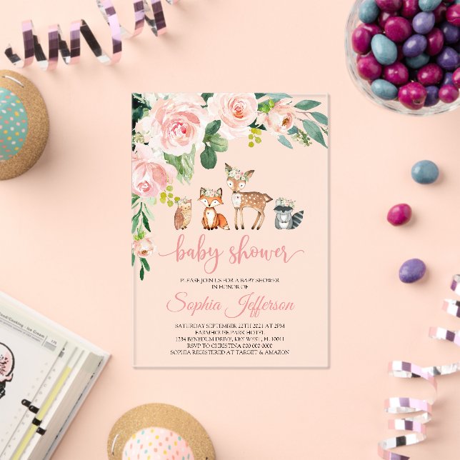 Invitations En Acrylique Girl Woodland Baby Shower Forest Animals Pink Rose (Insitu (Célébration))