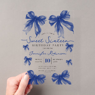 Invitations En Acrylique Girly Coquette Bow Sweet 16 Anniversaire Bleu Nuit