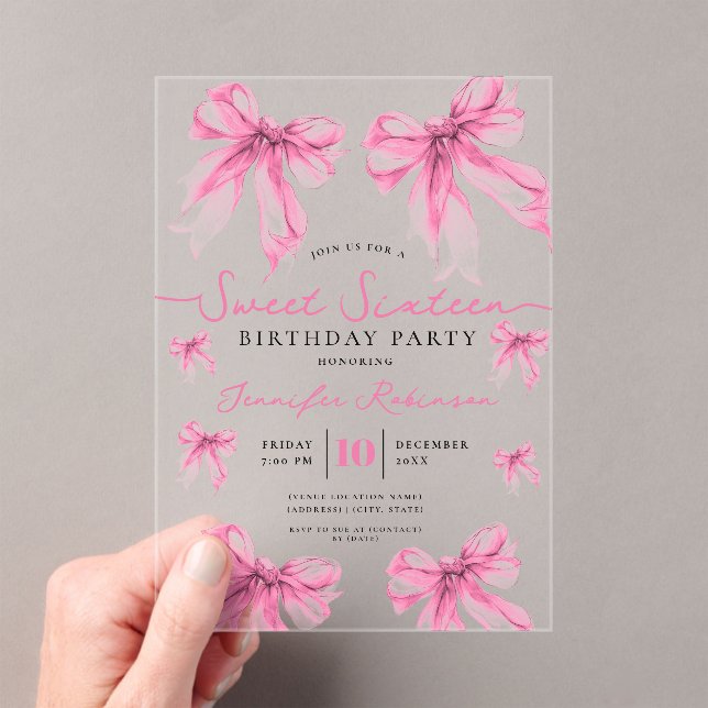 Invitations En Acrylique Girly Coquette Bow Sweet 16 Birthday Blush Pink  (In situ (ordinateur de poche))