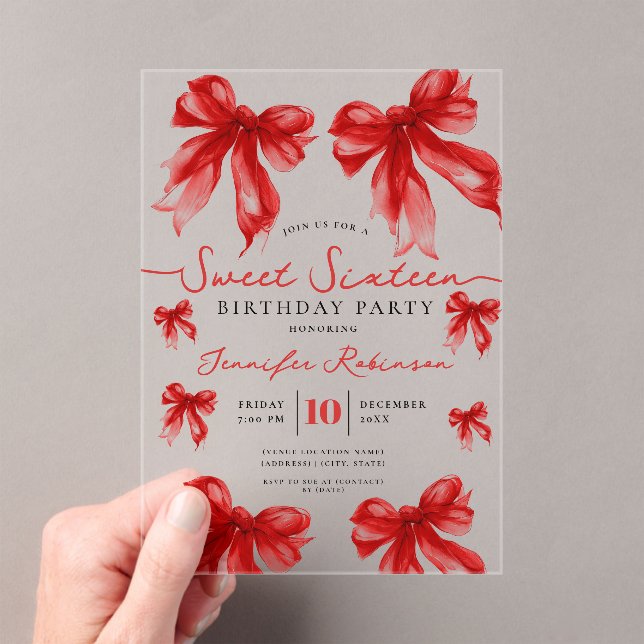 Invitations En Acrylique Girly Coquette Bow Sweet 16 Birthday Party Red  (In situ (ordinateur de poche))
