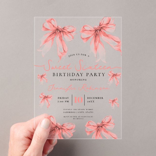 Invitations En Acrylique Girly Coquette Bow Sweet 16 Birthday Rose Gold  (In situ (ordinateur de poche))