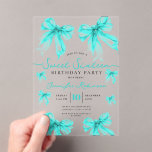 Invitations En Acrylique Girly Coquette Bow Sweet 16 Birthday Turquoise<br><div class="desc">Celebrate in Style with Girly Coquette Bow Sweet 16 Invitation. Make your Sweet 16 party unforgettable with the Girly Coquette Bow invitation. Customize with your party details for a chic and elegant touch.</div>