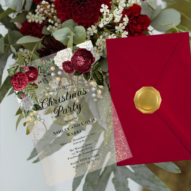 Invitations En Acrylique Glam Burgundy Rose Fête de Noël Florale (Glam Burgundy Roses and Faux Sepia Gold Glitter Elegant Christmas Party Holiday Acrylic Invitation)