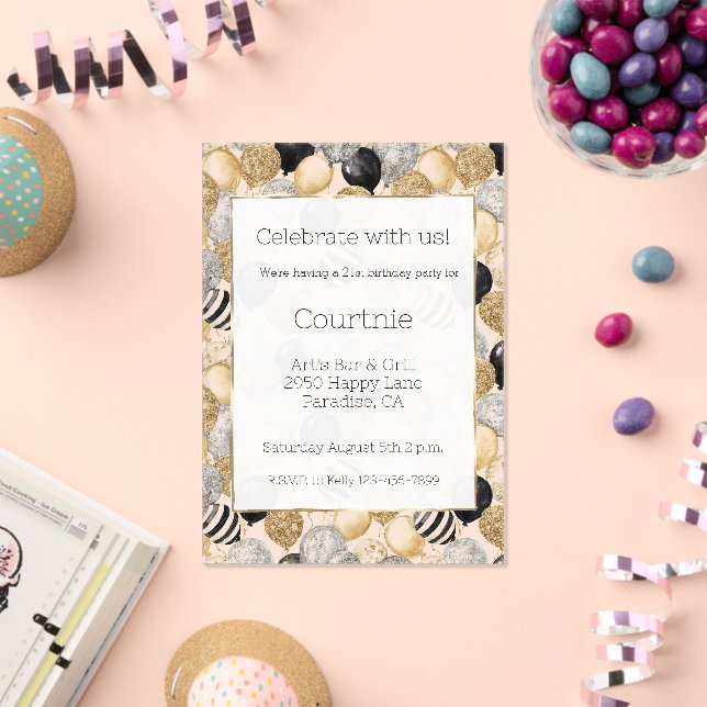 Invitations En Acrylique Glam Gold Glitzy Glitter Silver Balloons Birthday (Insitu (Célébration))