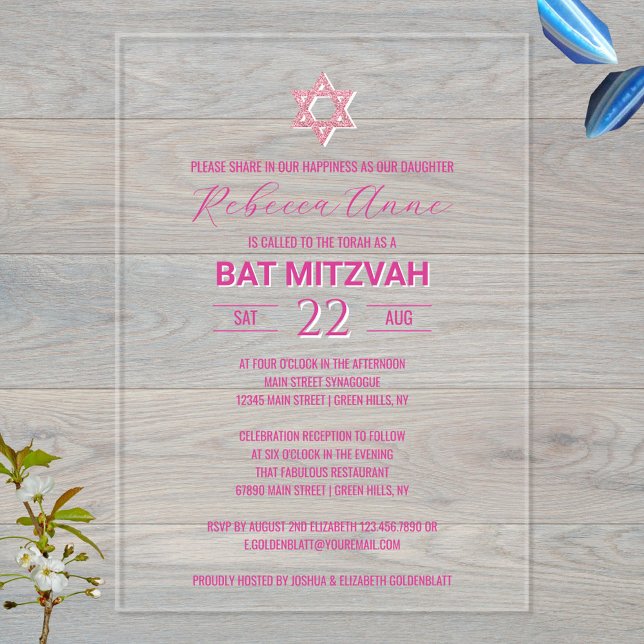 Invitations En Acrylique Glamour Rose Chic Élégance Traditionnelle Bar Mitz (Modern clear acrylic invitations for your Bat Mitzvah party invites)