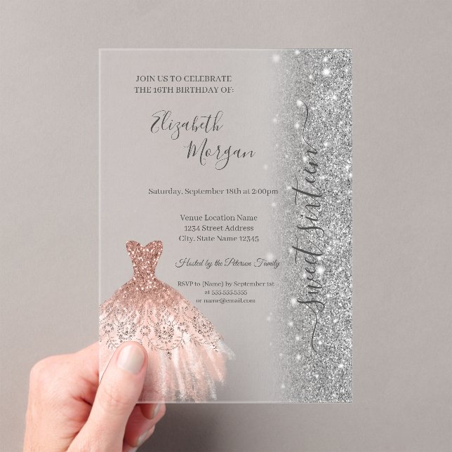 Invitations En Acrylique Glitter Glitter Dress Rose Gold Sweet 16 (In situ (ordinateur de poche))