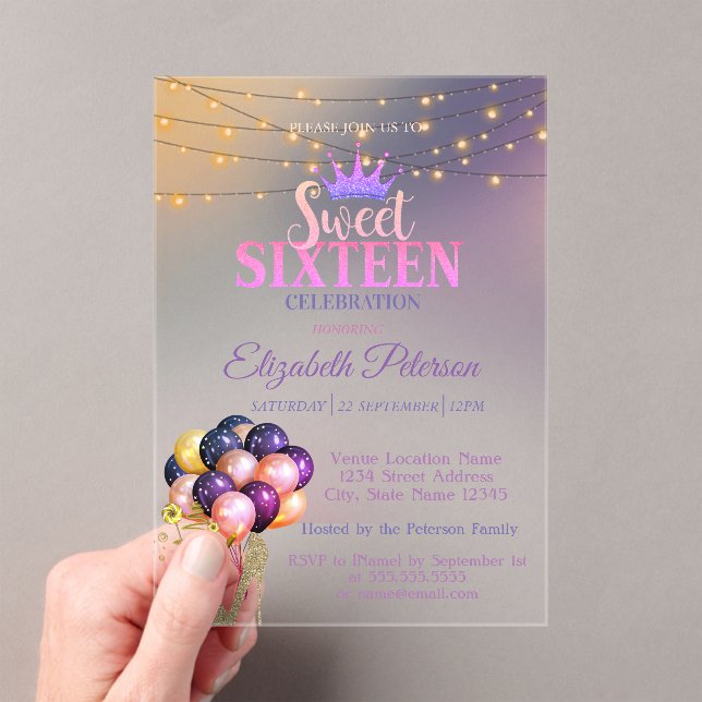 Invitations En Acrylique Glitter Tiara,Coctail, Silver Sweet 16 Party (In situ (ordinateur de poche))