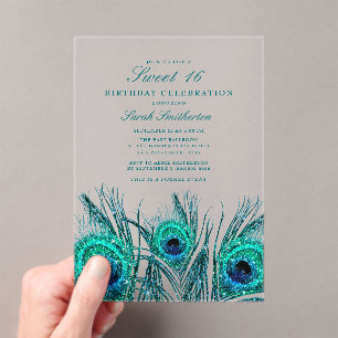 Invitations En Acrylique Glitterie Turquoise Peacock Feathers Sweet 16