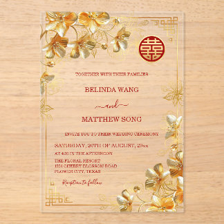 Invitations En Acrylique Gold 3 D Flowers Chinese Wedding