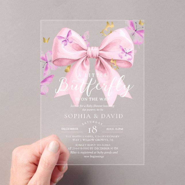 Invitations En Acrylique Gold A Little Butterfly  Pink Bow Baby Shower  (In situ (ordinateur de poche))