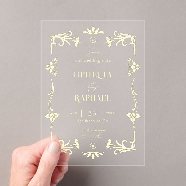 Invitations En Acrylique Gold Art Nouveau Mariage transparent Enregistrer l (In situ (ordinateur de poche))