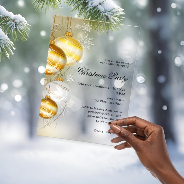 Invitations En Acrylique Gold baubles société gelé Noël fête (Créateur téléchargé)