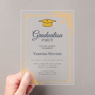 Invitations En Acrylique Gold Blue Classic Graduation Cap Party