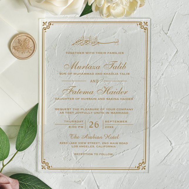 Invitations En Acrylique Gold Border Muslim Wedding (Créateur téléchargé)