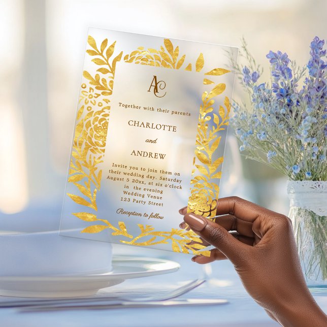 Invitations En Acrylique Gold botanical monogram clear luxury wedding (Créateur téléchargé)