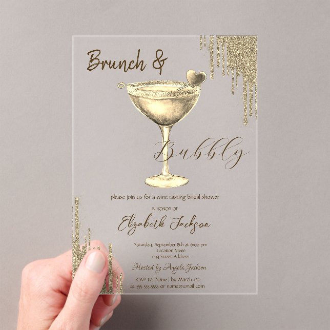 Invitations En Acrylique Gold Cocktail Heart Glitter Drips  Bachelorette  (In situ (ordinateur de poche))