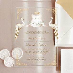 Invitations En Acrylique Gold Crest Royal Indian White Peacock Mariage