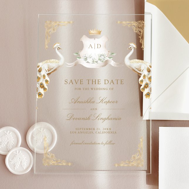 Invitations En Acrylique Gold Crest White Peacock Wedding Enregistrer la da (Créateur téléchargé)