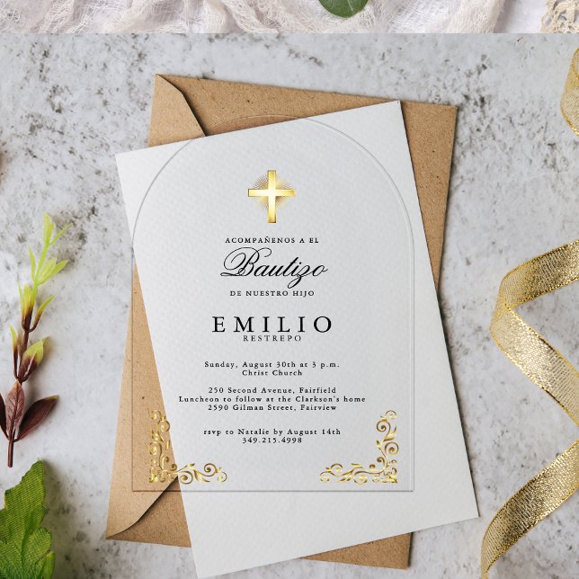 Invitations En Acrylique Gold Cross De Bautizo Espagnol Genre Neutre Blanc (Gold Cross De Bautizo Spanish Gender Neutral White Acrylic Invitations)