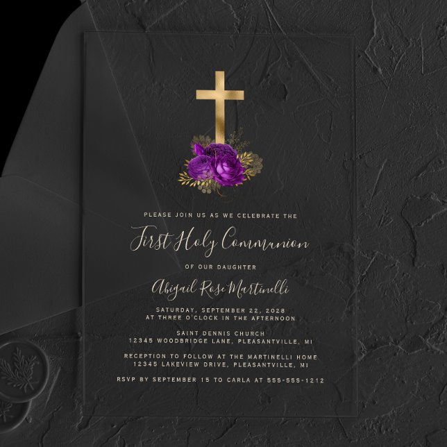 Invitations En Acrylique Gold Cross Purple Floral Gold Texte Première Commu (Créateur téléchargé)