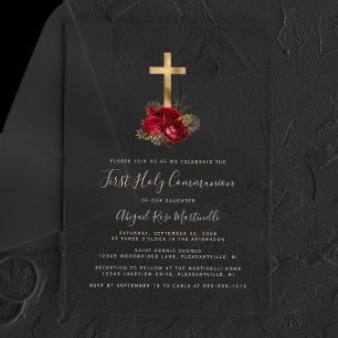 Invitations En Acrylique Gold Cross Rouge Floral Gold Texte Première commun