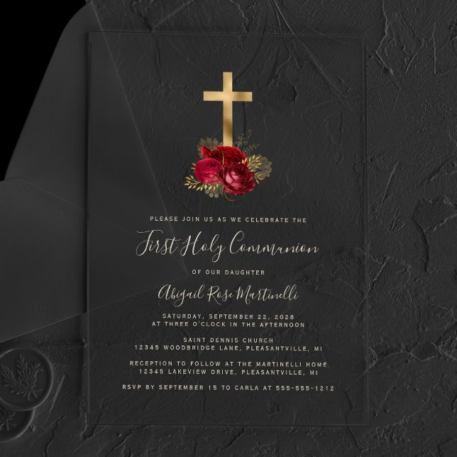 Invitations En Acrylique Gold Cross Rouge Floral Gold Texte Première commun (Créateur téléchargé)