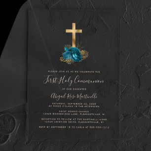 Invitations En Acrylique Gold Cross Texte Turquoise Floral Première communi