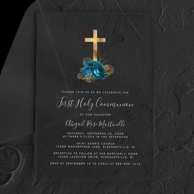 Invitations En Acrylique Gold Cross Texte Turquoise Floral Première communi (Créateur téléchargé)