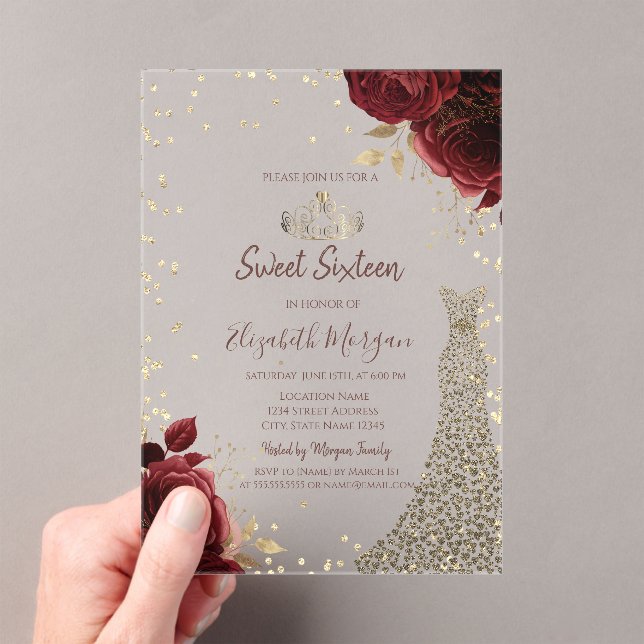 Invitations En Acrylique Gold Diamonds Dress Dark Red Roses Sweet 16 (In situ (ordinateur de poche))