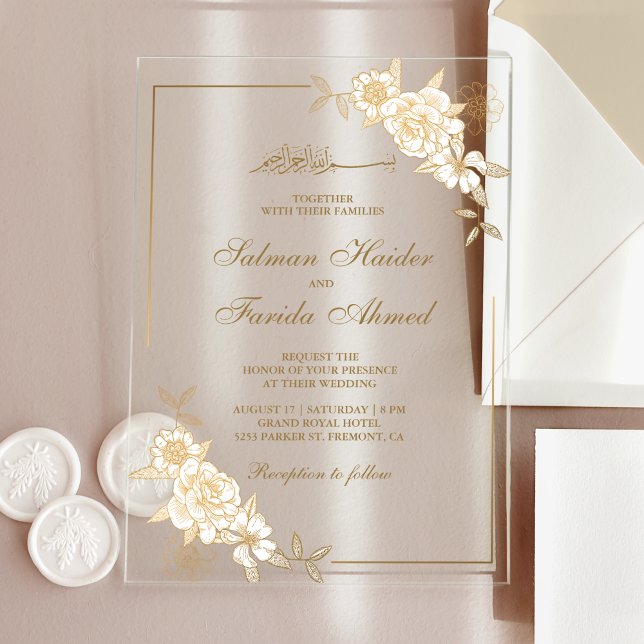 Invitations En Acrylique Gold Floral Leaves Branch Muslim Wedding (Créateur téléchargé)