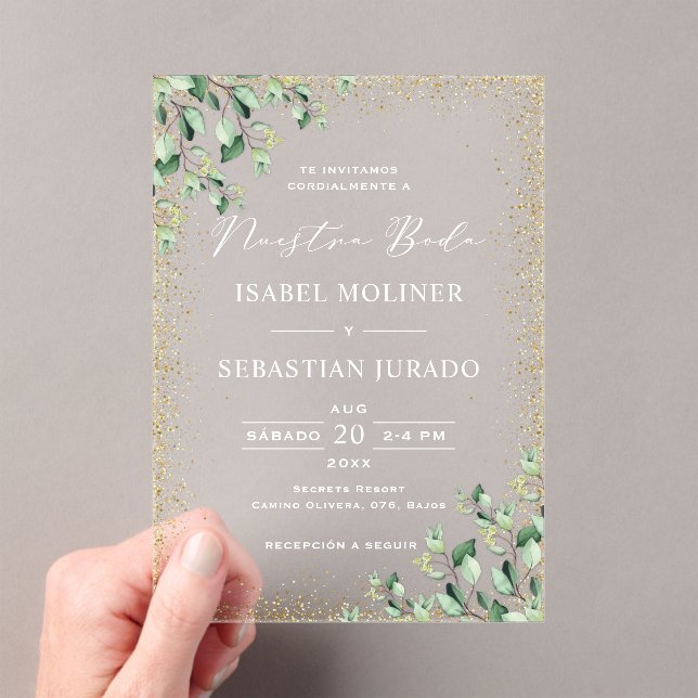 Invitations En Acrylique Gold Frame Green Nuestra Boda Mariage espagnol (In situ (ordinateur de poche))