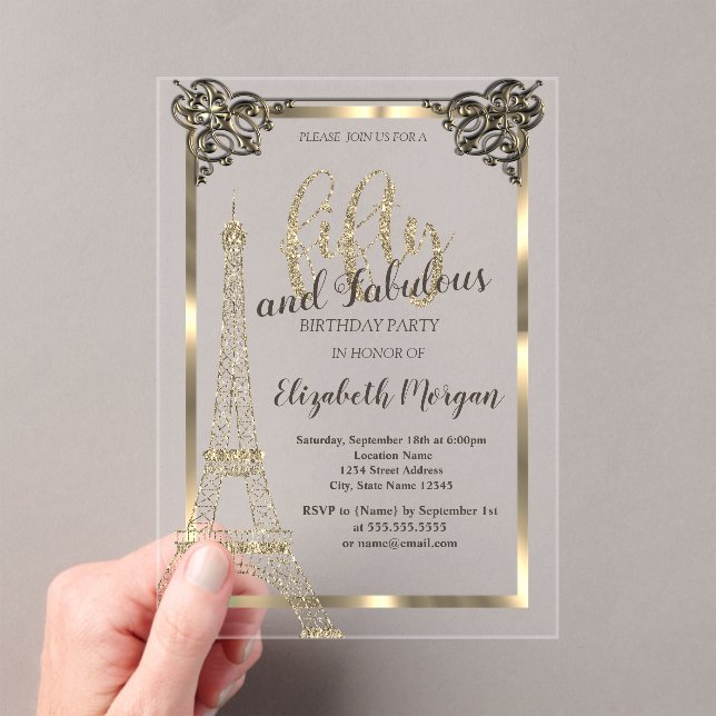 Invitations En Acrylique Gold Frame, Tour Eiffel 50e anniversaire (In situ (ordinateur de poche))