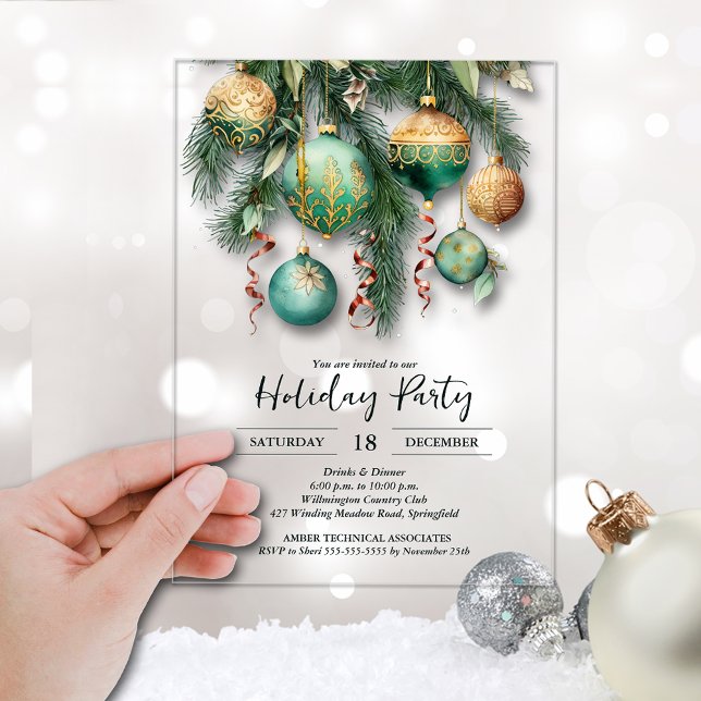 Invitations En Acrylique Gold Green Christmas Ornaments Party (Gold and green Christmas tree ornaments clear ACRYLIC party invitations)