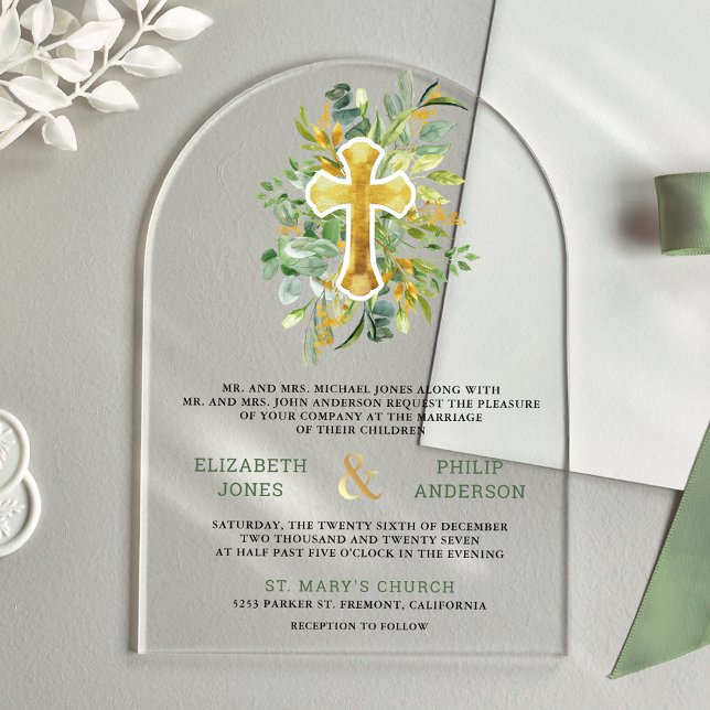 Invitations En Acrylique Gold Greenery Catholic Wedding (Créateur téléchargé)