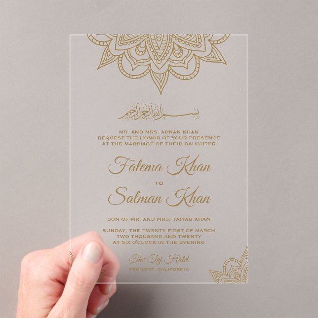 Invitations En Acrylique Gold Henna Mehndi Islamic Muslim Wedding (In situ (ordinateur de poche))